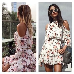 Misa Los Angeles Farren Cold Shoulder White Multi Floral Mini Dress Size L